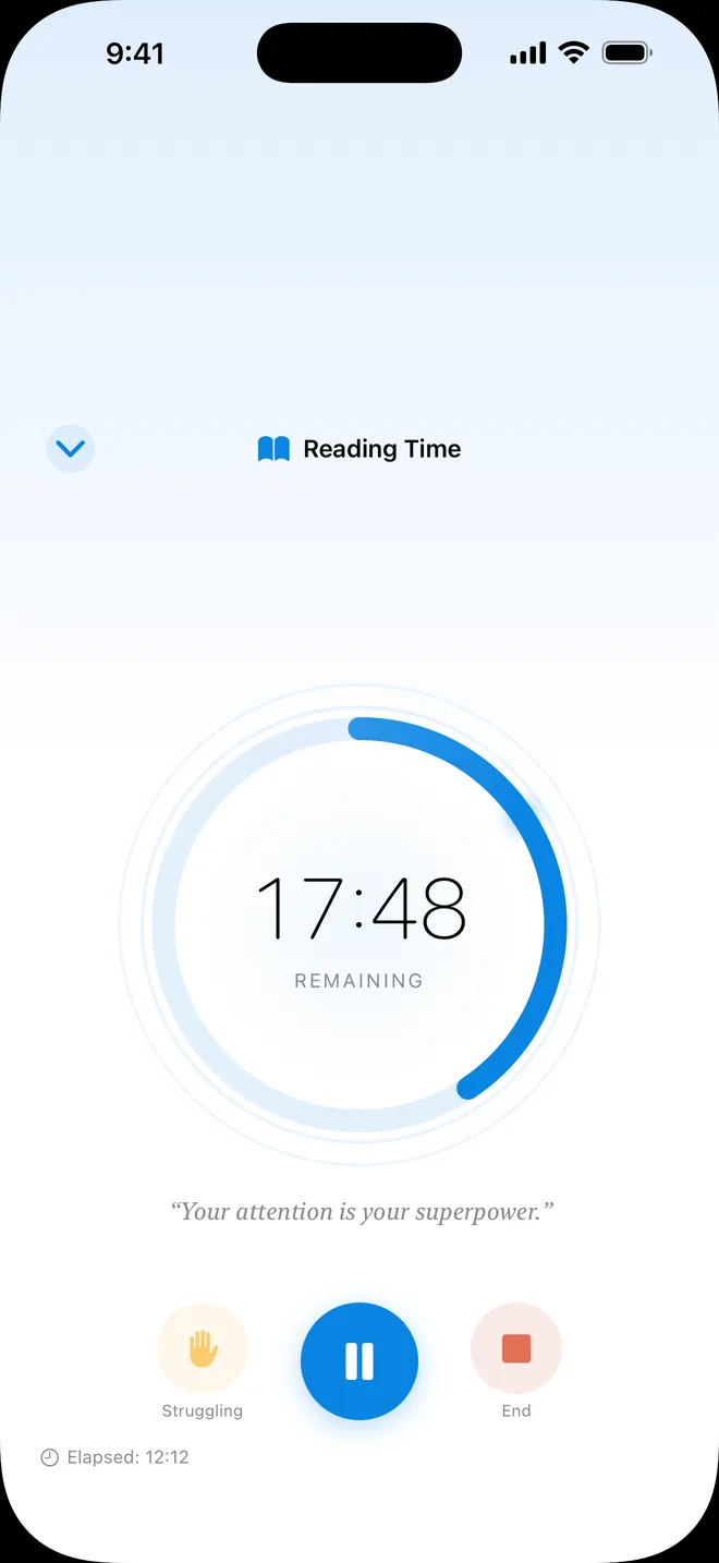 A Reading Time focus session counting down with 17 minutes 48 seconds remaining