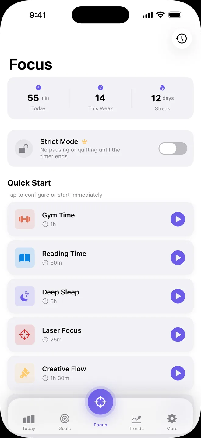 ScreenPulse Focus tab with today's focus minutes, streak and Quick Start sessions